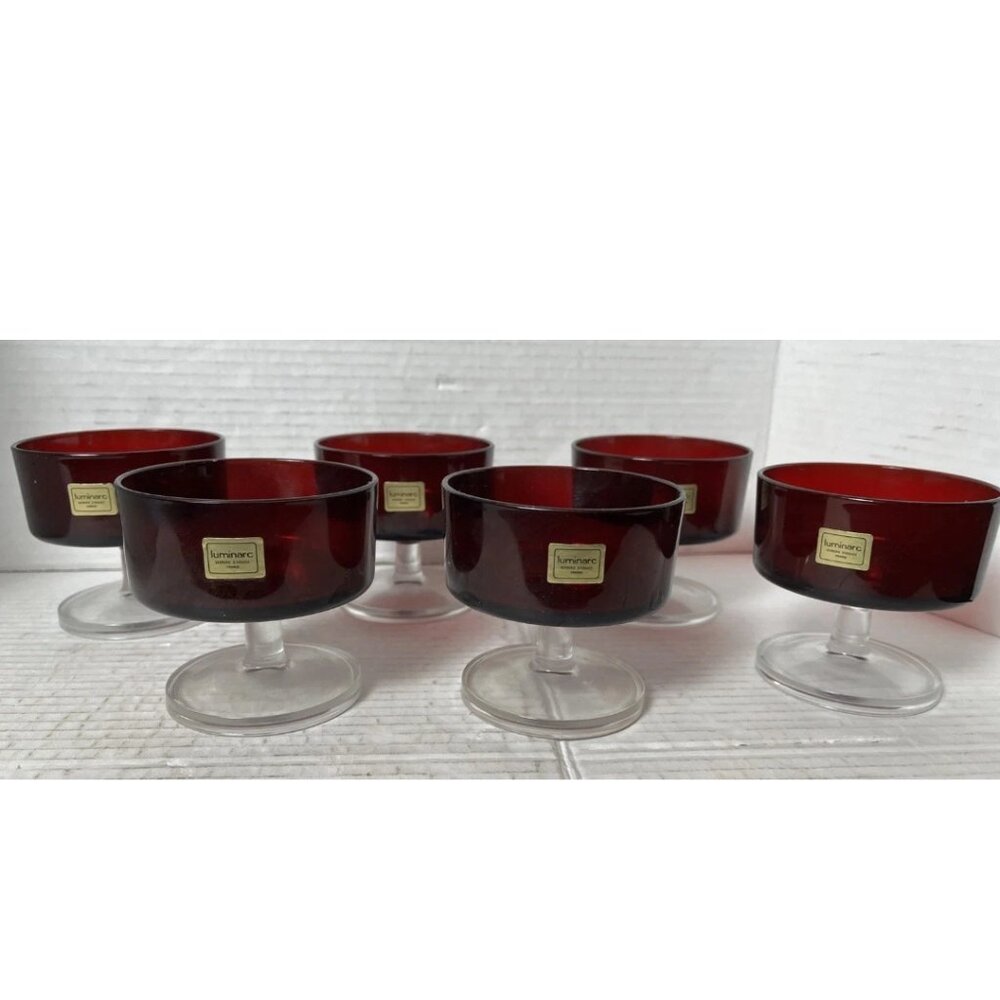 Vintage Luminarc Ruby Red Glass Coupe Dessert Cups Set 6 France MCM Barware